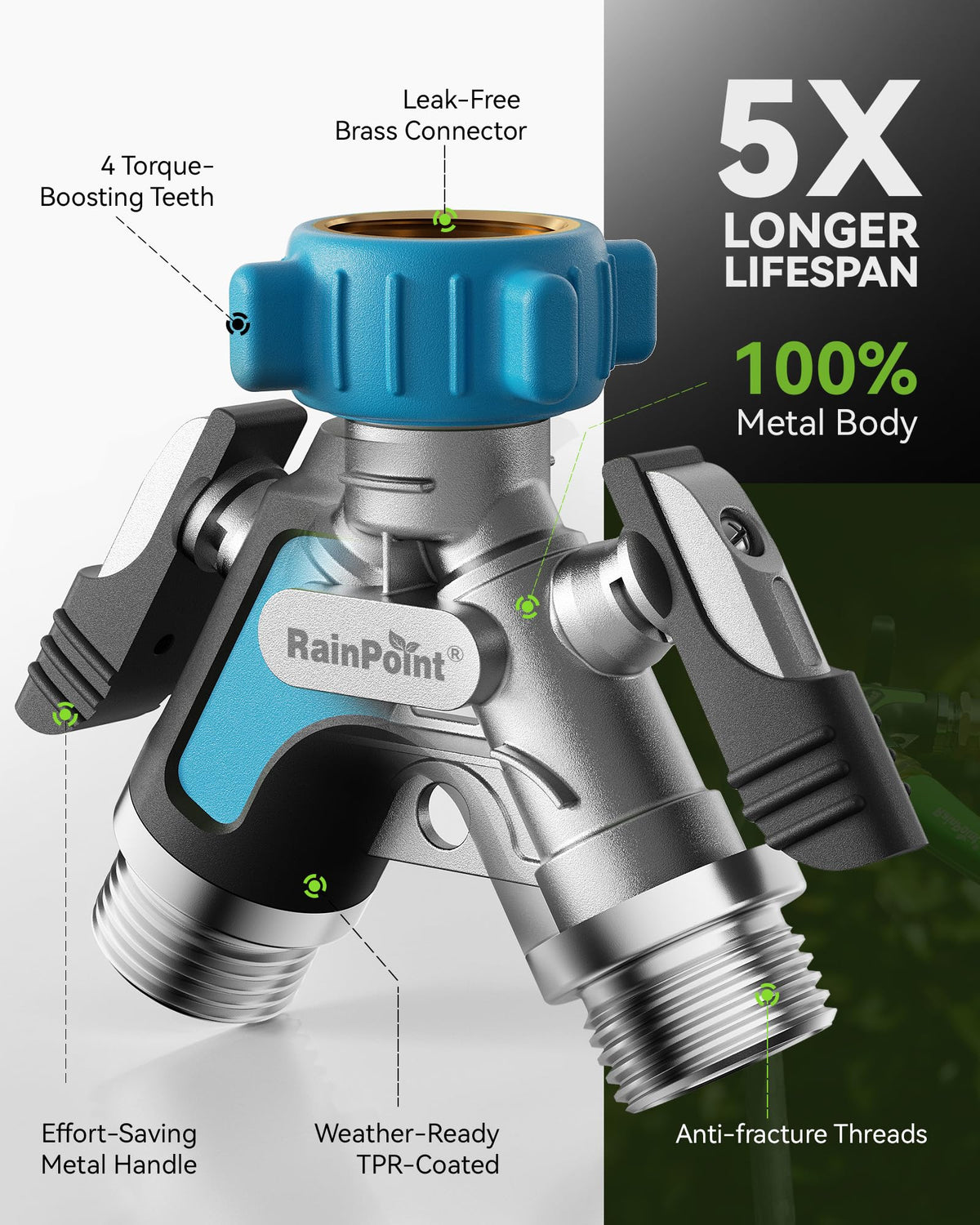 RAINPOINT all-metal valve Y-splitter with stainless valves and durable fittings