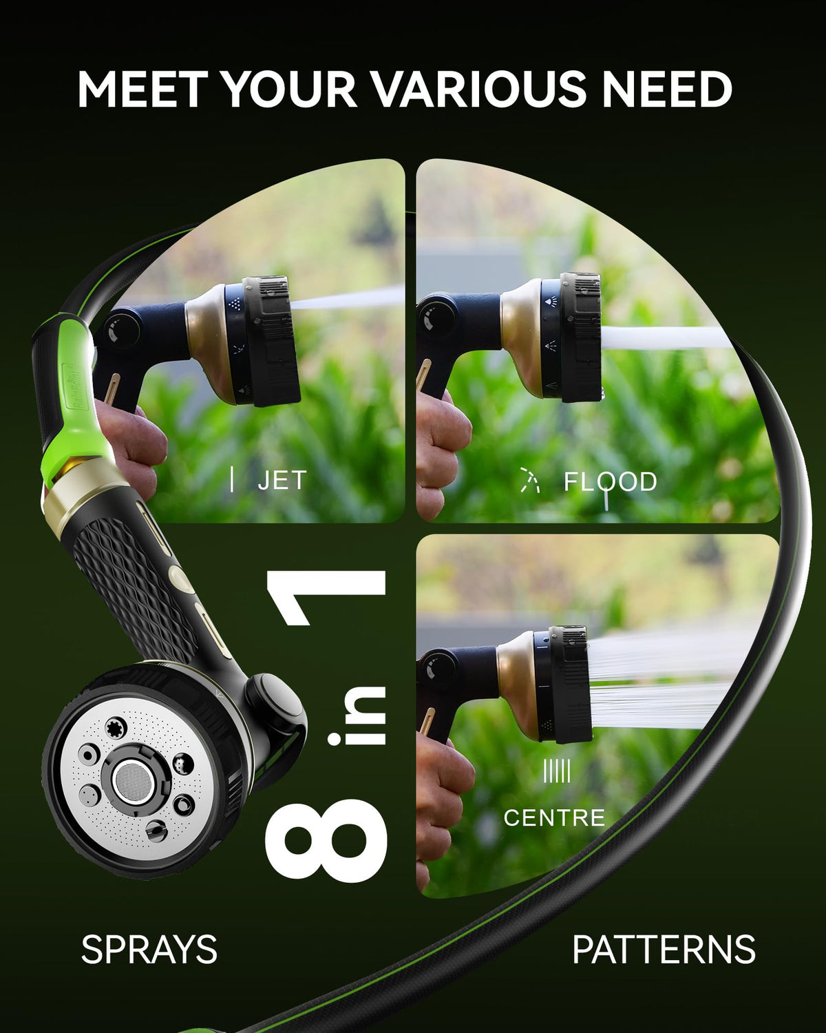 RainPoint hose nozzle ready for car, pet washing tasks.