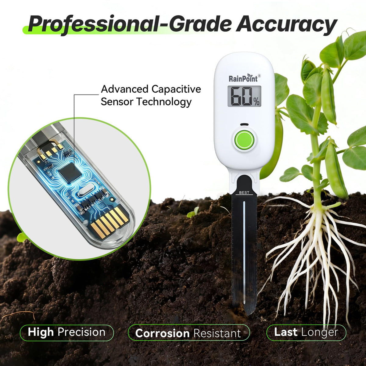 RAINPOINT includes pH strips and screwdriver for convenient soil testing.