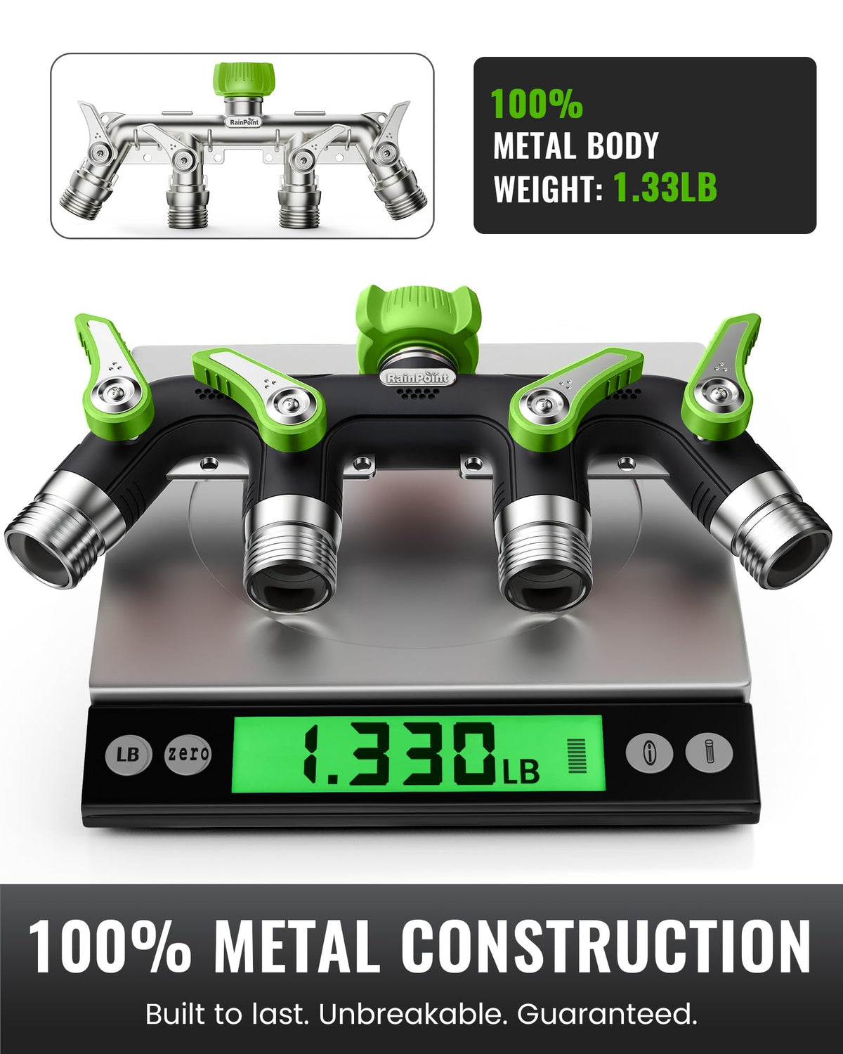RAINPOINT independent-control-valves enable simultaneous watering for lawn, garden, and patio.