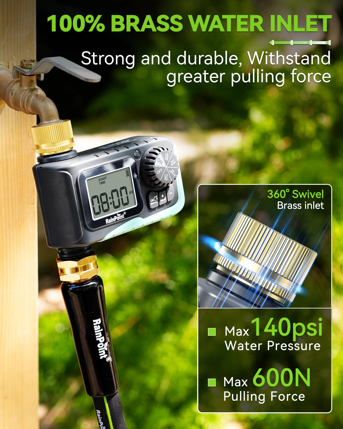 Large LCD display on RAINPOINT timer for easy outdoor viewing.