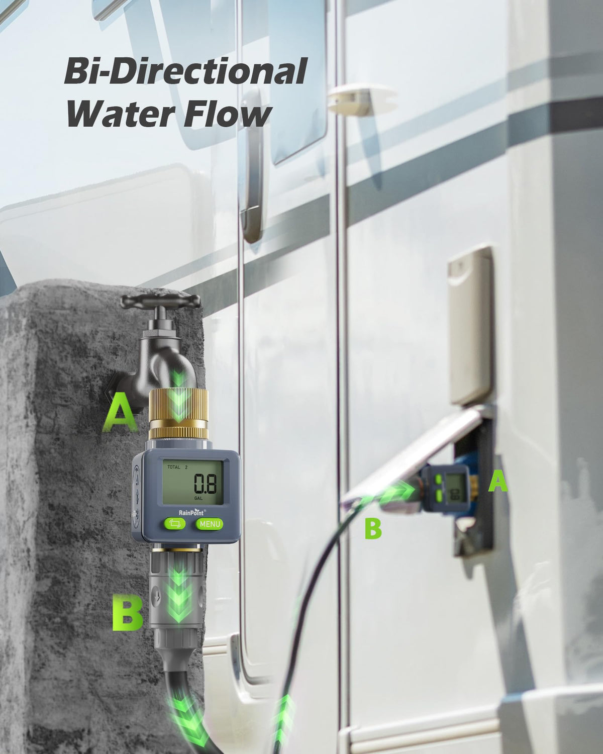 Rainpoint lcd display makes flow data easy to read during garden chores.