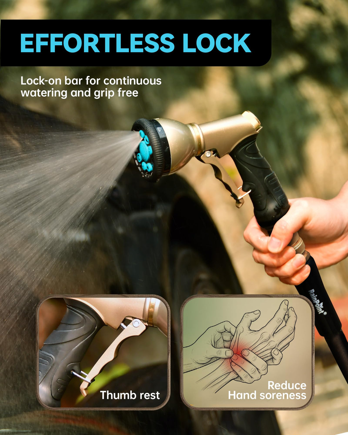 RAINPOINT leak-proof 3/4 GHT connection minimizes water waste during use.