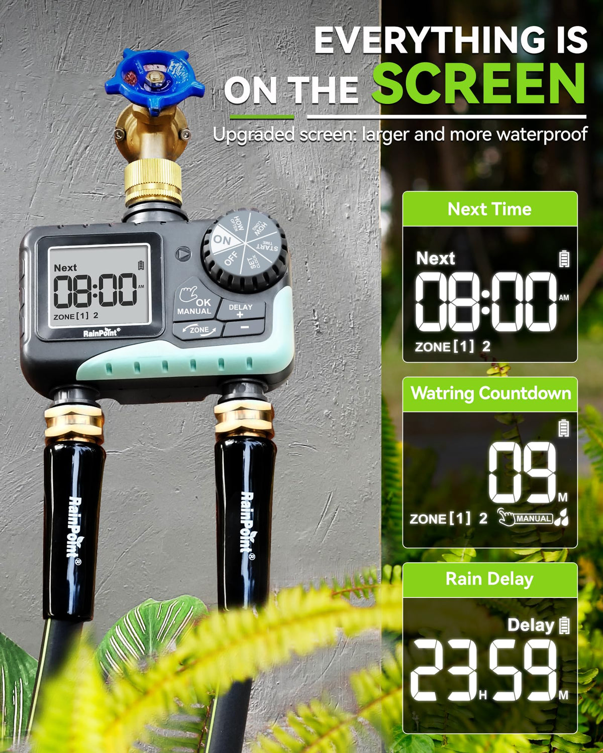 Rainpoint LED display shows timer and battery status clearly