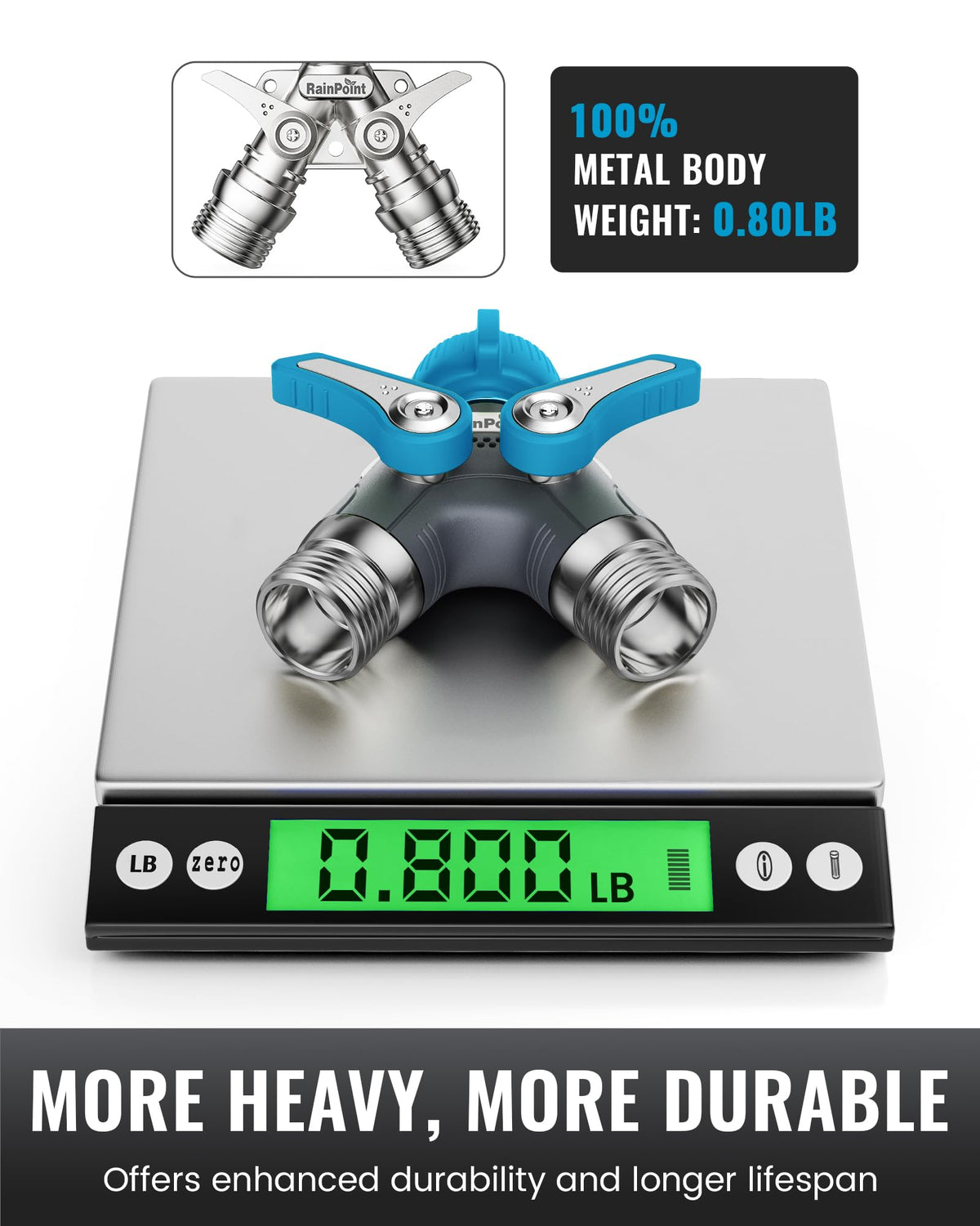 Long 1.9-inch metal handle eases valve turning