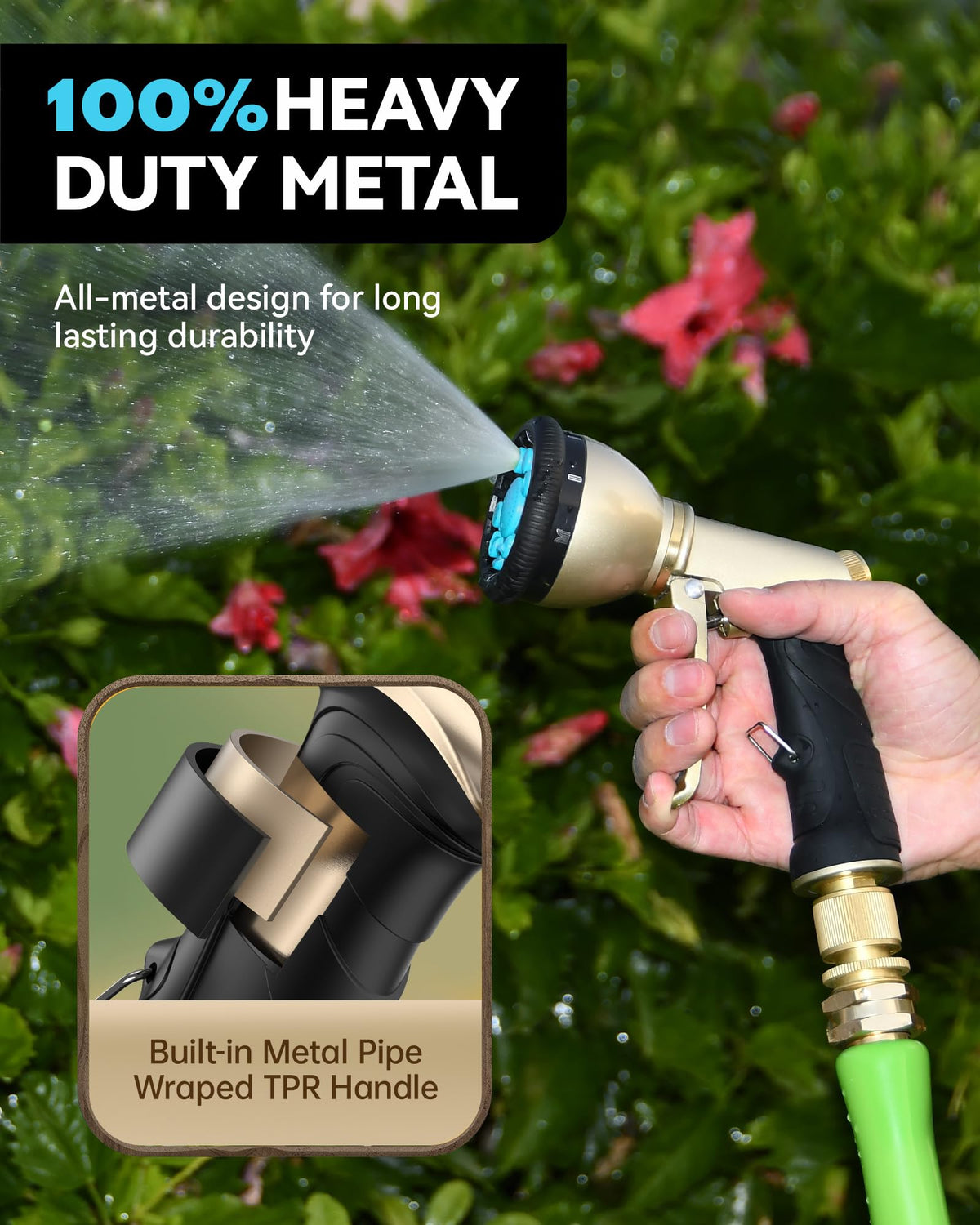 RAINPOINT metal body nozzle demonstrates durability for heavy-duty gardening tasks.