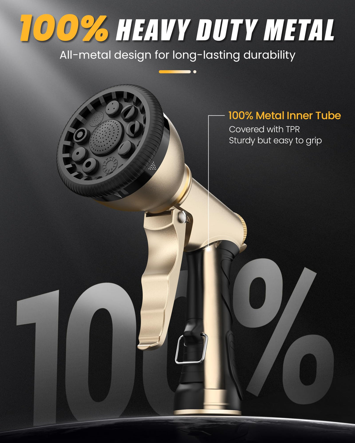 RAINPOINT metal hose sprayer body highlights durable zinc alloy construction for longevity.