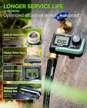 Outdoor garden timer mounted on a hose setup by RAINPOINT.