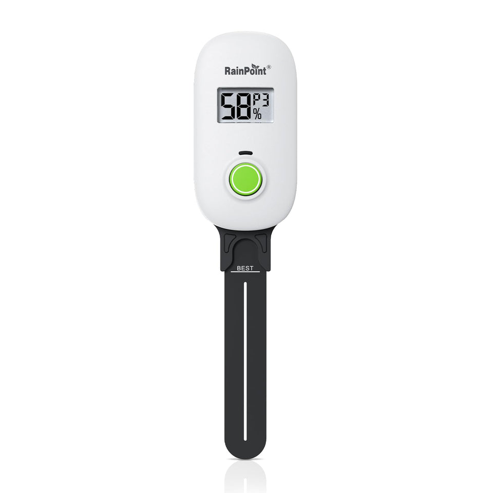 RAINPOINT Smart Soil Moisture Meter LCD display shows real-time soil humidity.