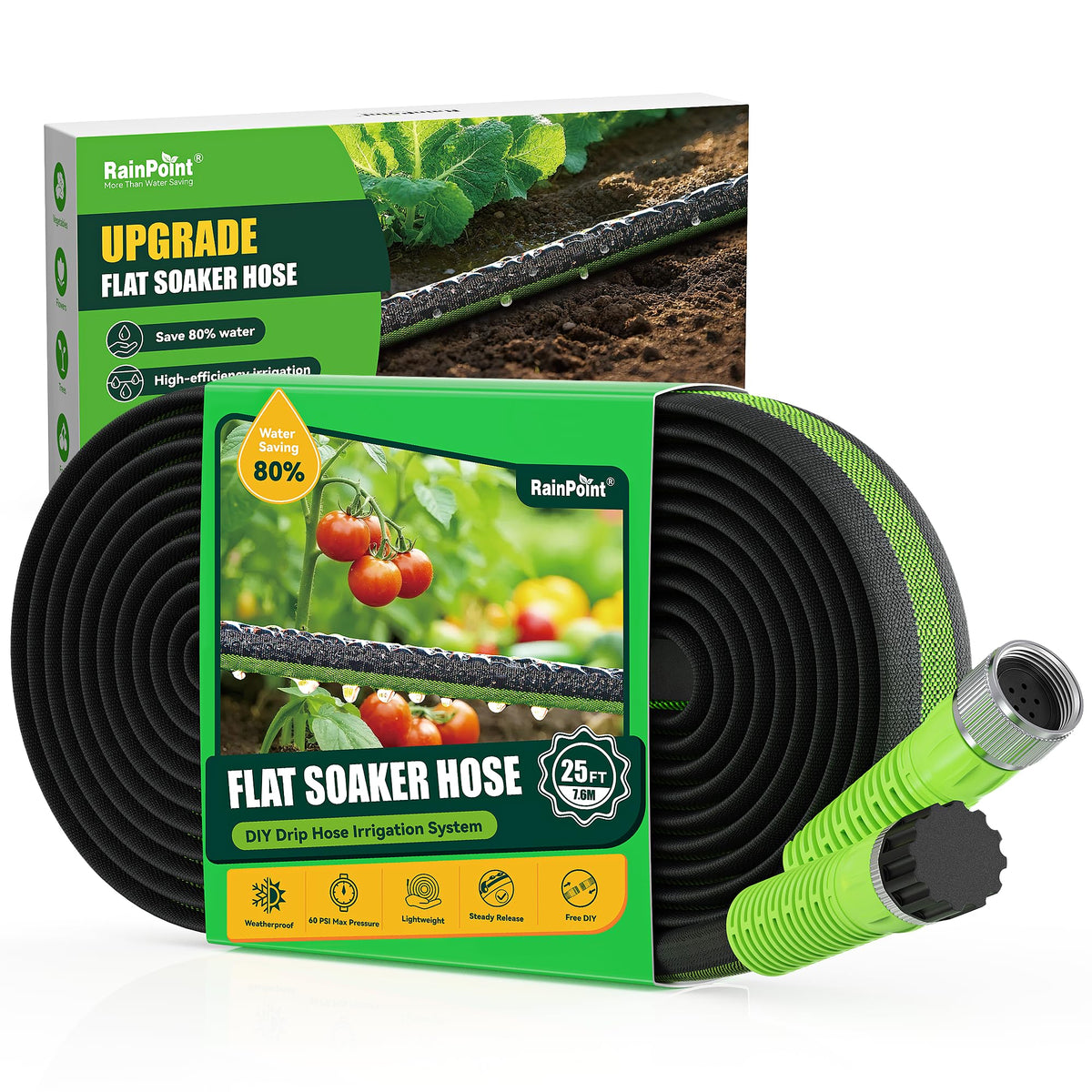 RAINPOINT soaker hose 25ft delivers even root watering for gardens.
