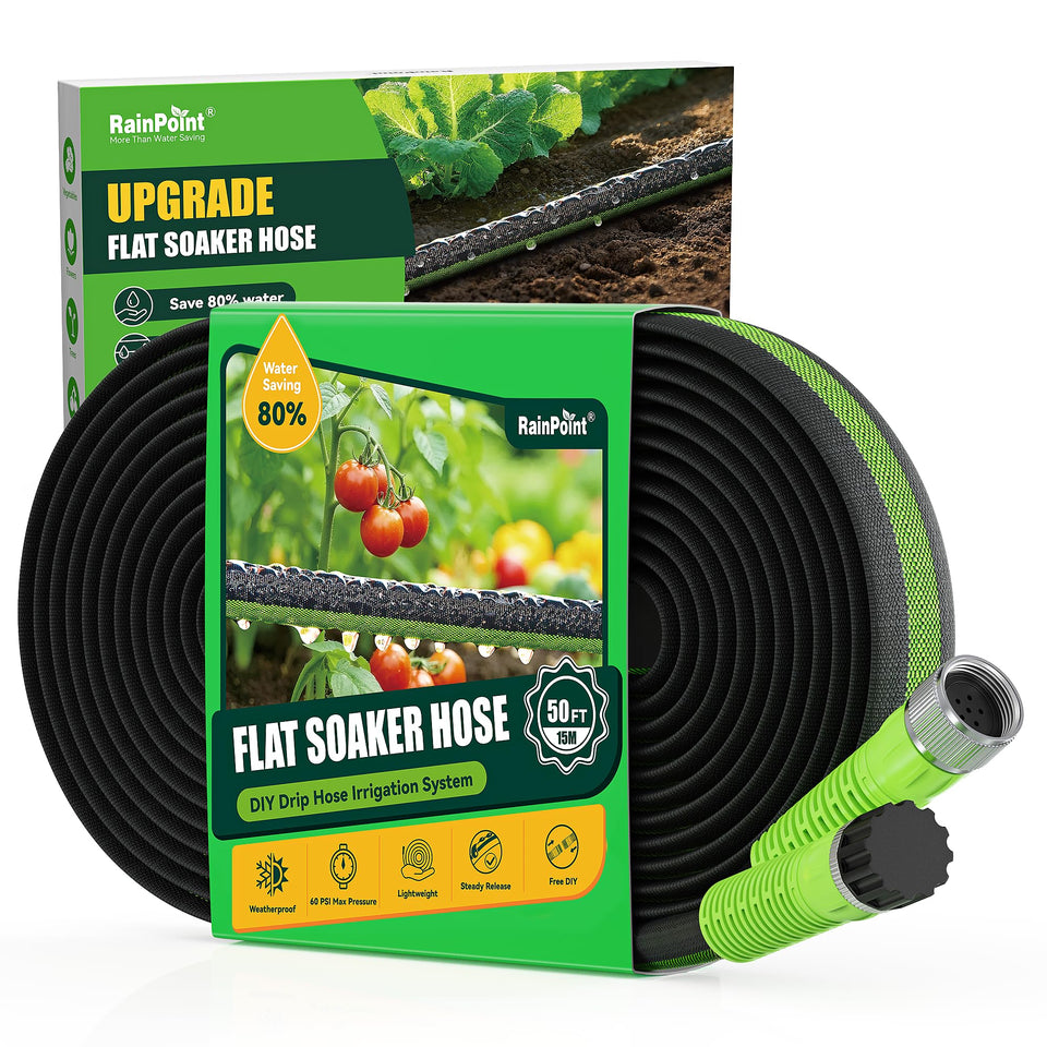 RAINPOINT Soaker Hose 50ft with flat design provides even garden watering