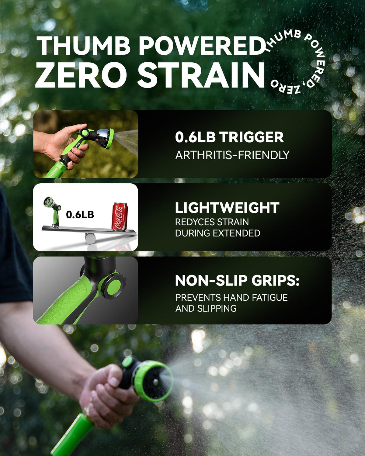 RAINPOINT nozzle with ergonomic grip and textured coating for long use.