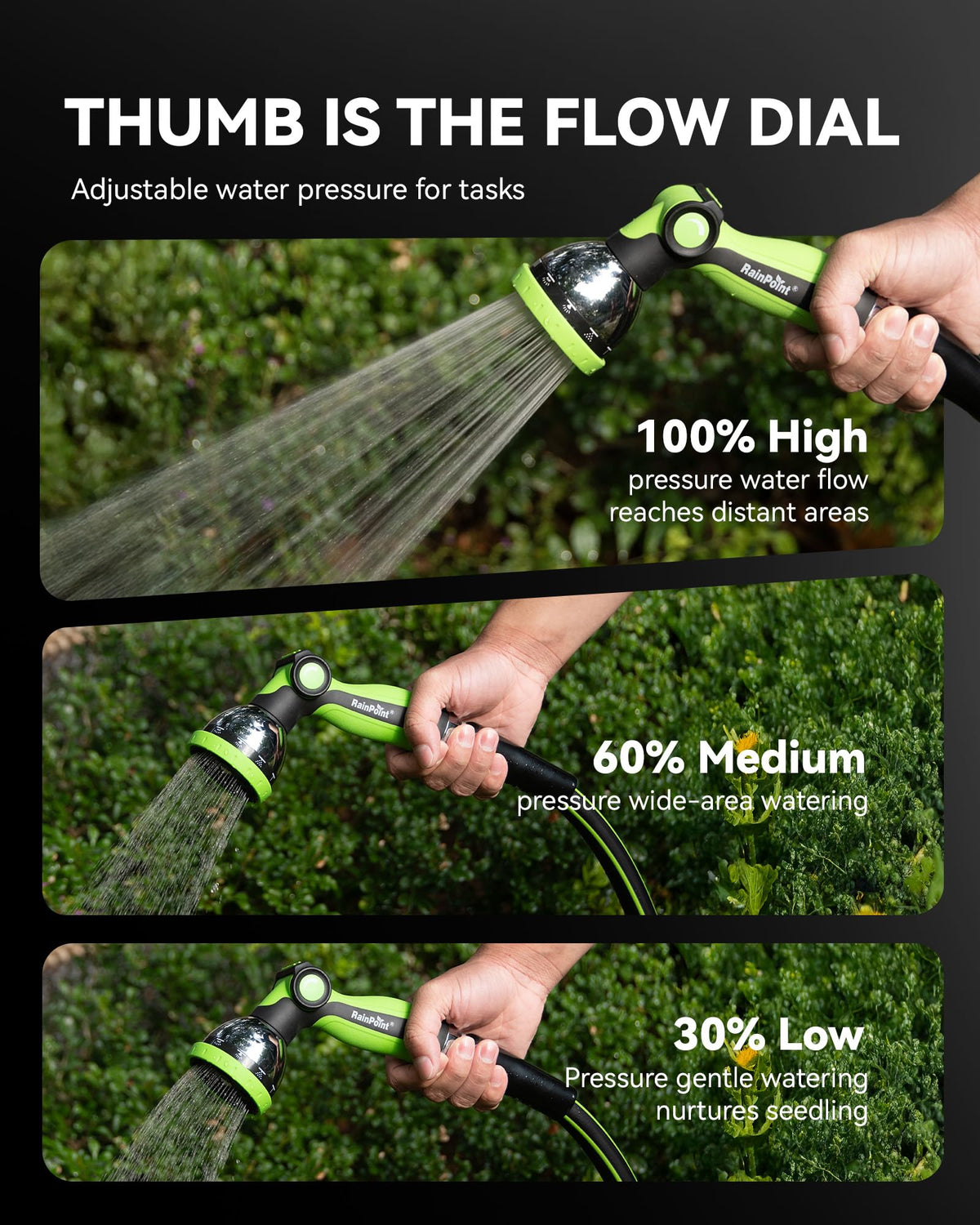 RAINPOINT leak-free connection provides a watertight spray for garden tasks.