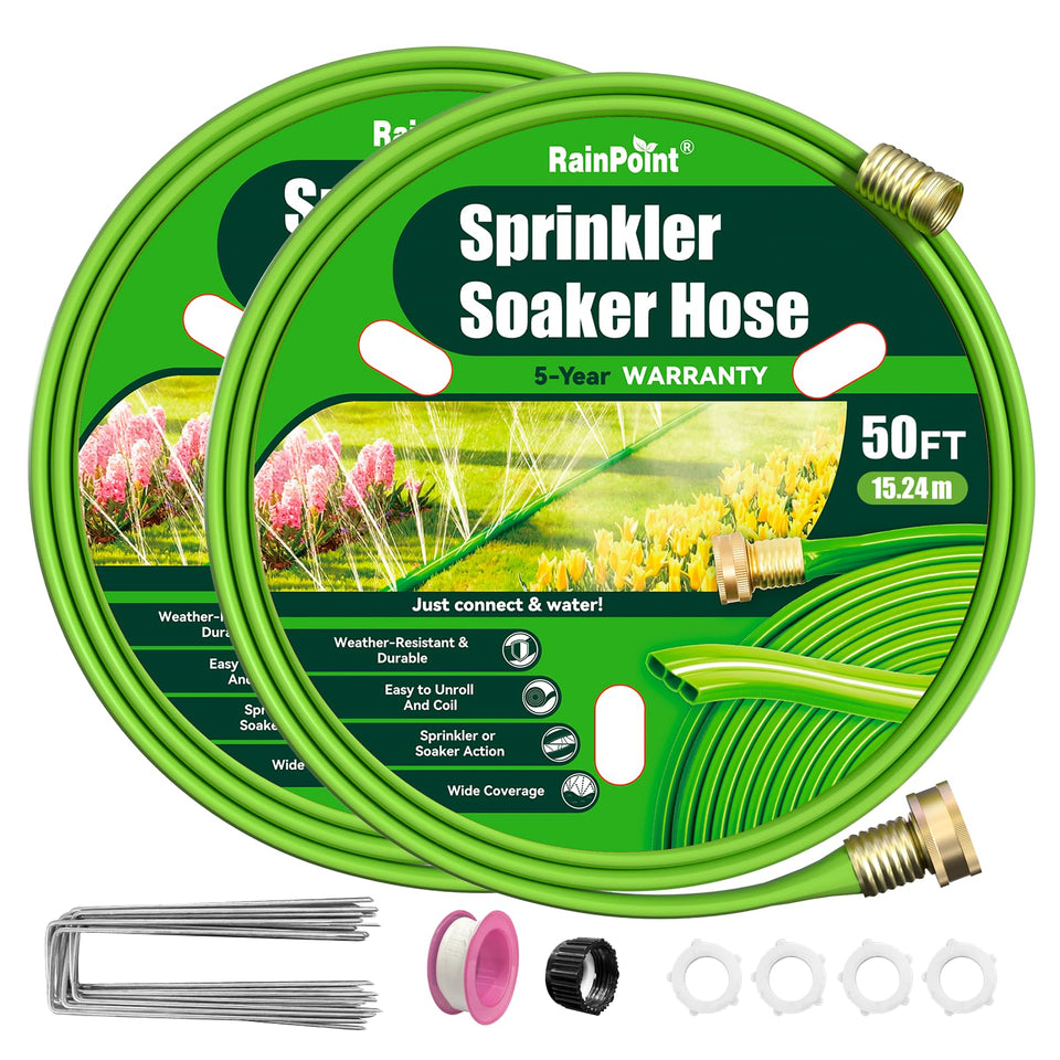 RAINPOINT sprinkler hose 100ft flat-soaker line delivering uniform garden hydration.