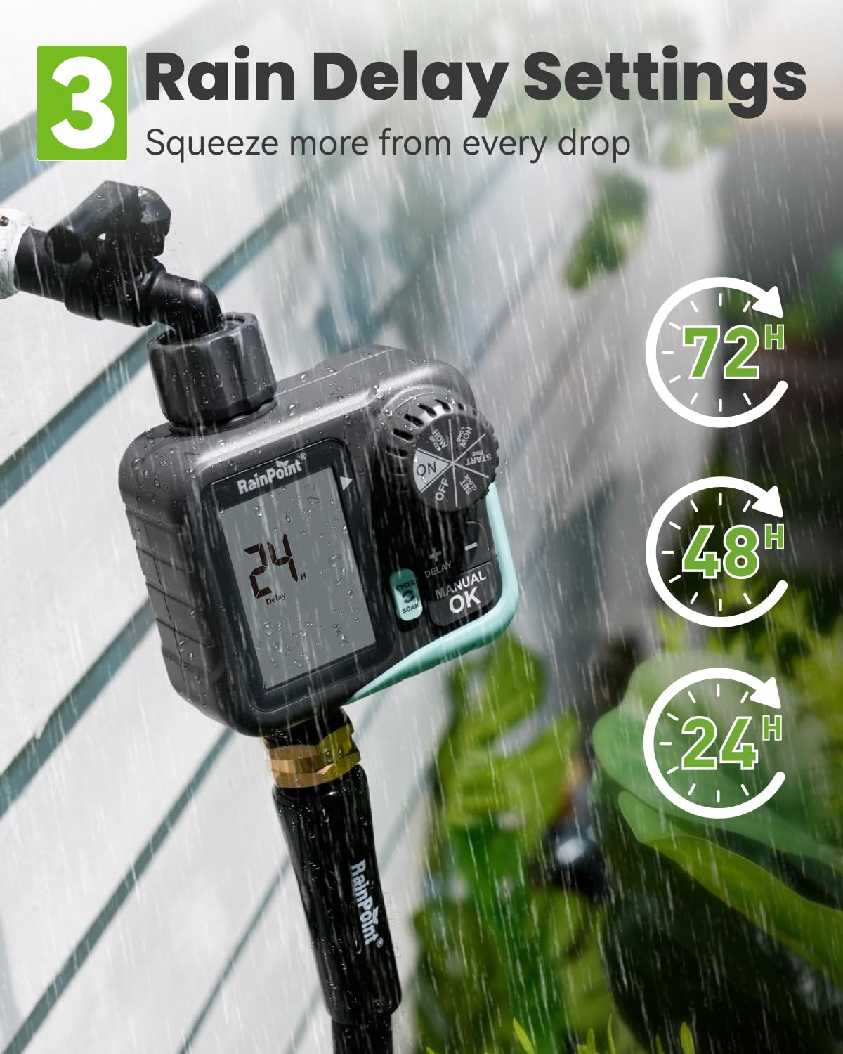 Rainpoint Sprinkler Timer supports 12h and 7-day schedules.