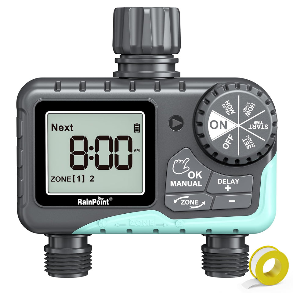 RAINPOINT sprinkler timer front dial shows dual outlets for precise garden watering.