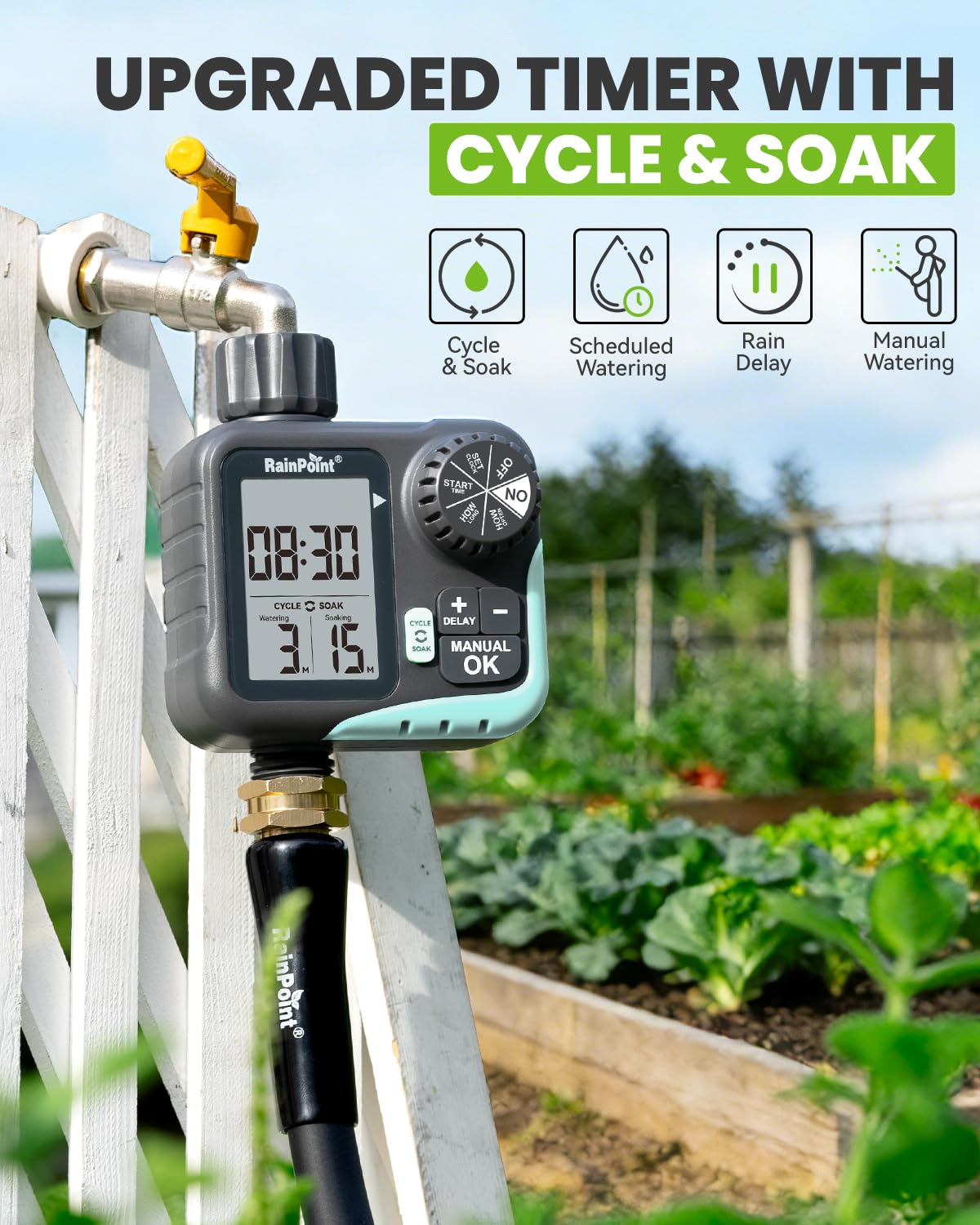 Rainpoint Sprinkler Timer 360 swivel connector enables easy installation.