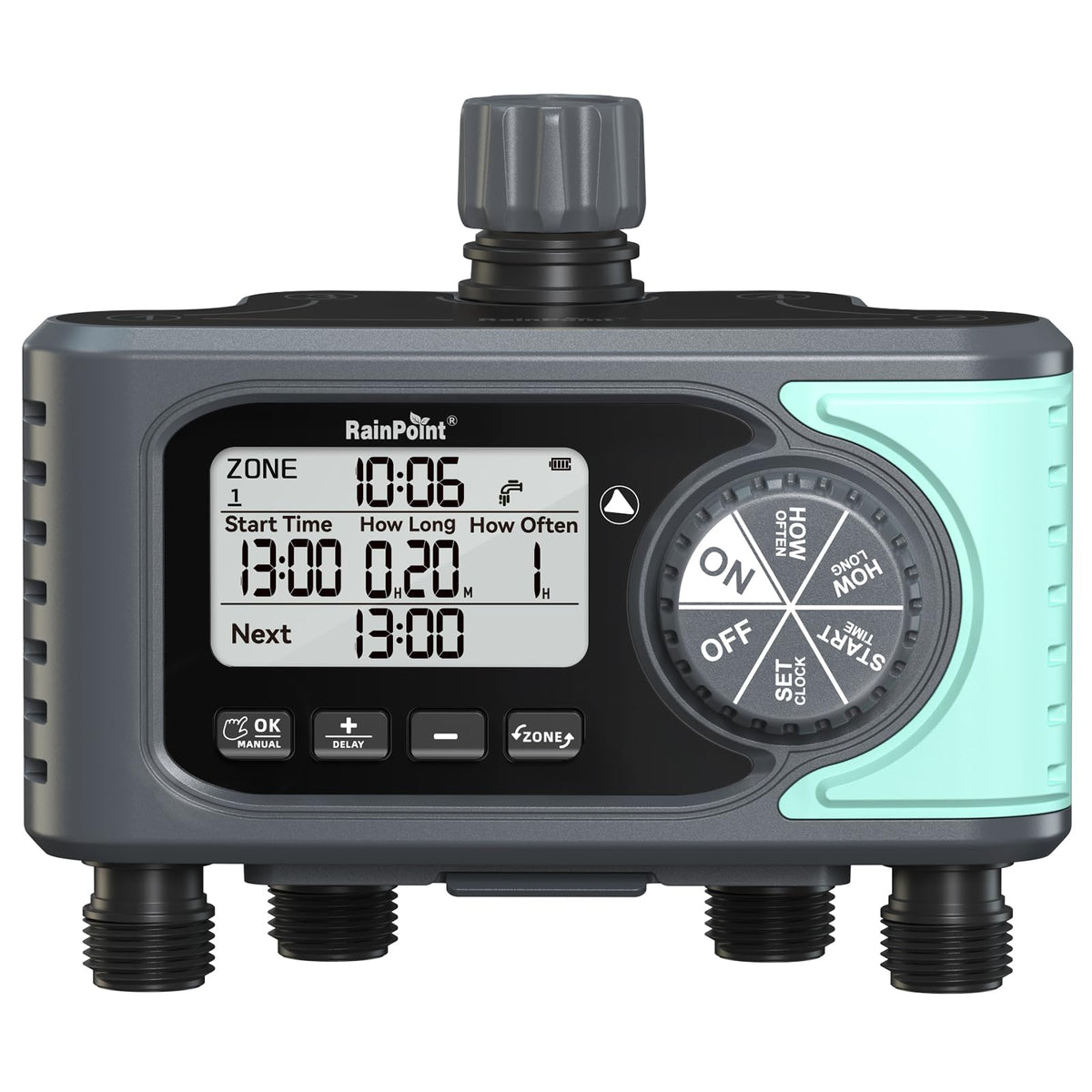 Rainpoint sprinkler timer 4-zone display for precise zone scheduling.