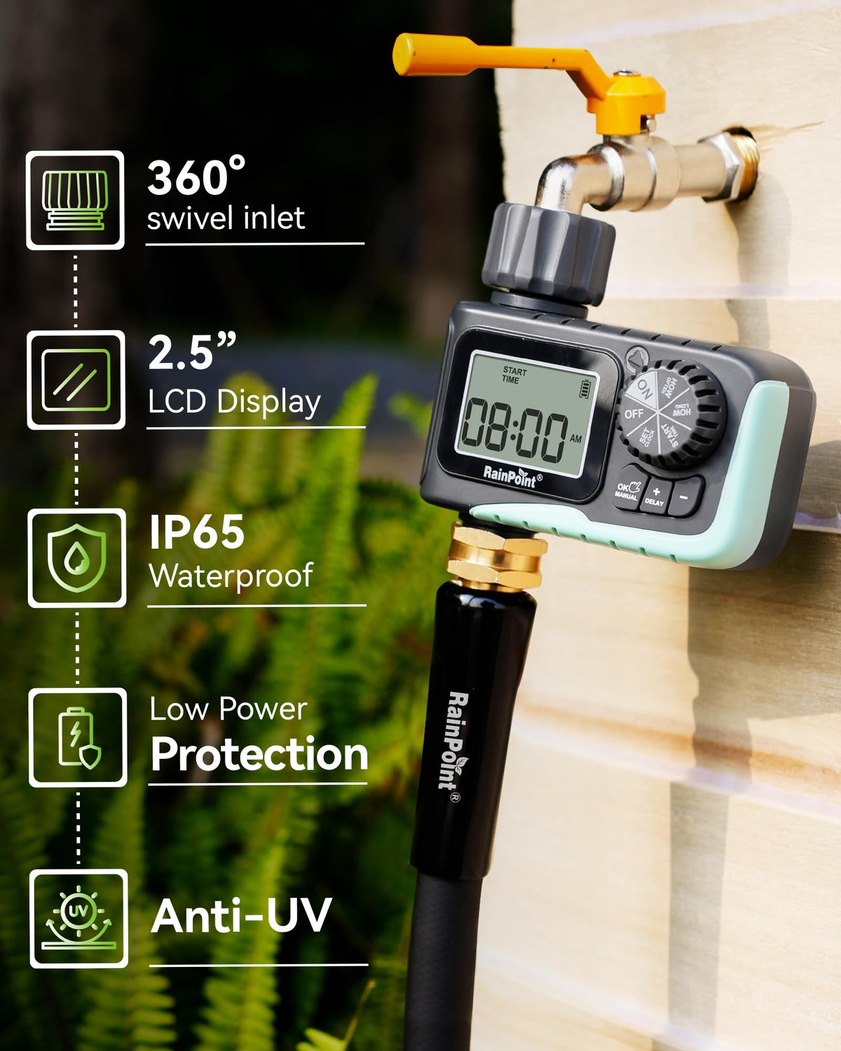 RAINPOINT Sprinkler Timer power indicator helps monitor battery life.