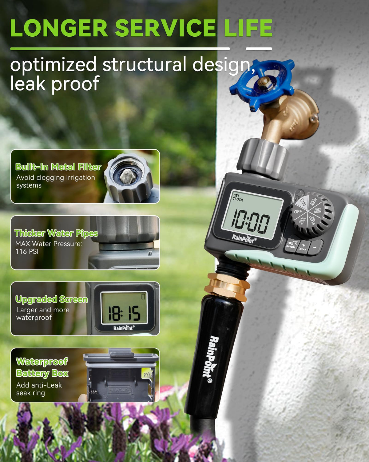 RAINPOINT Sprinkler Timer big LCD display makes settings easy to read.