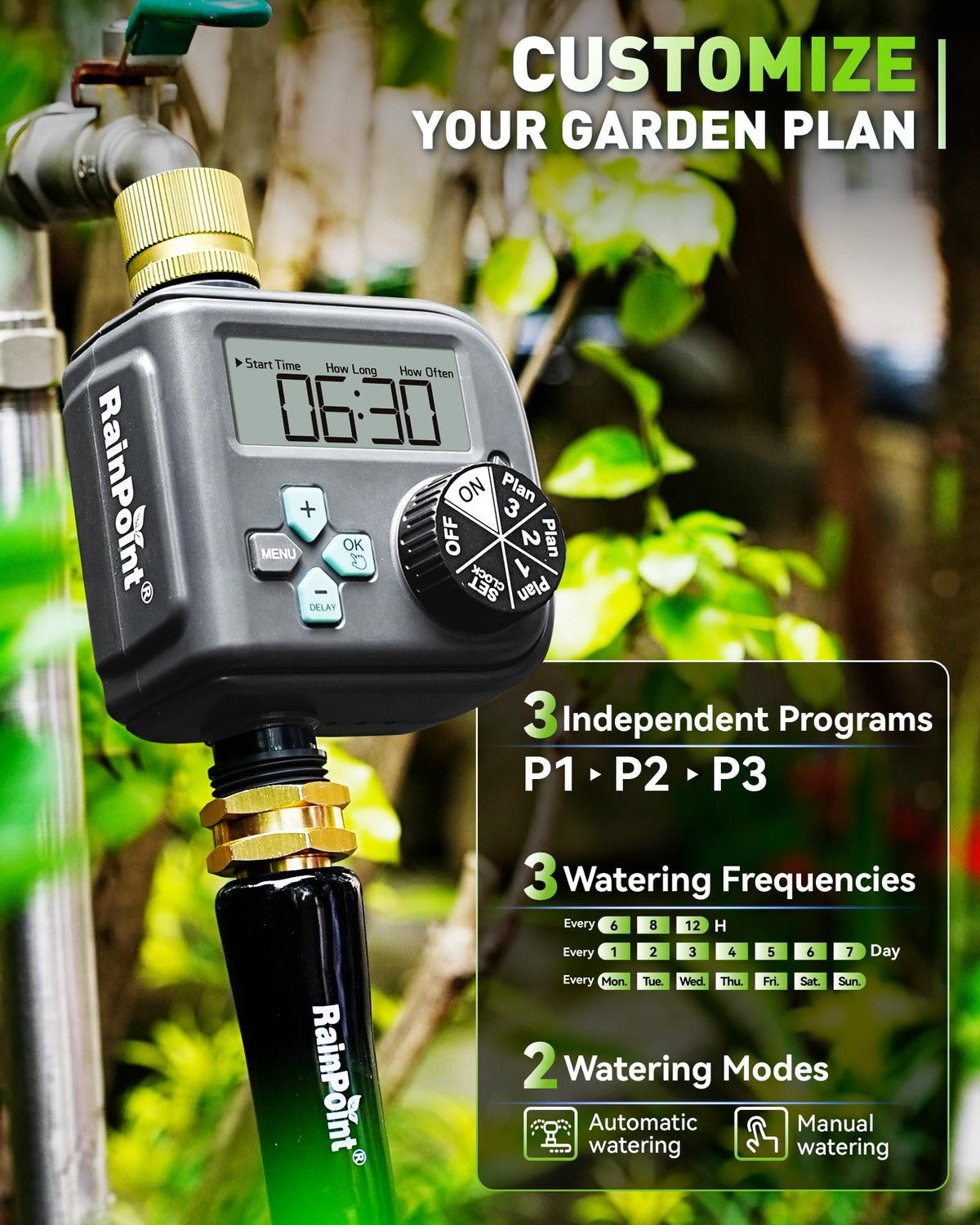 RAINPOINT brass inlet close-up highlighting sturdy connection and durability.