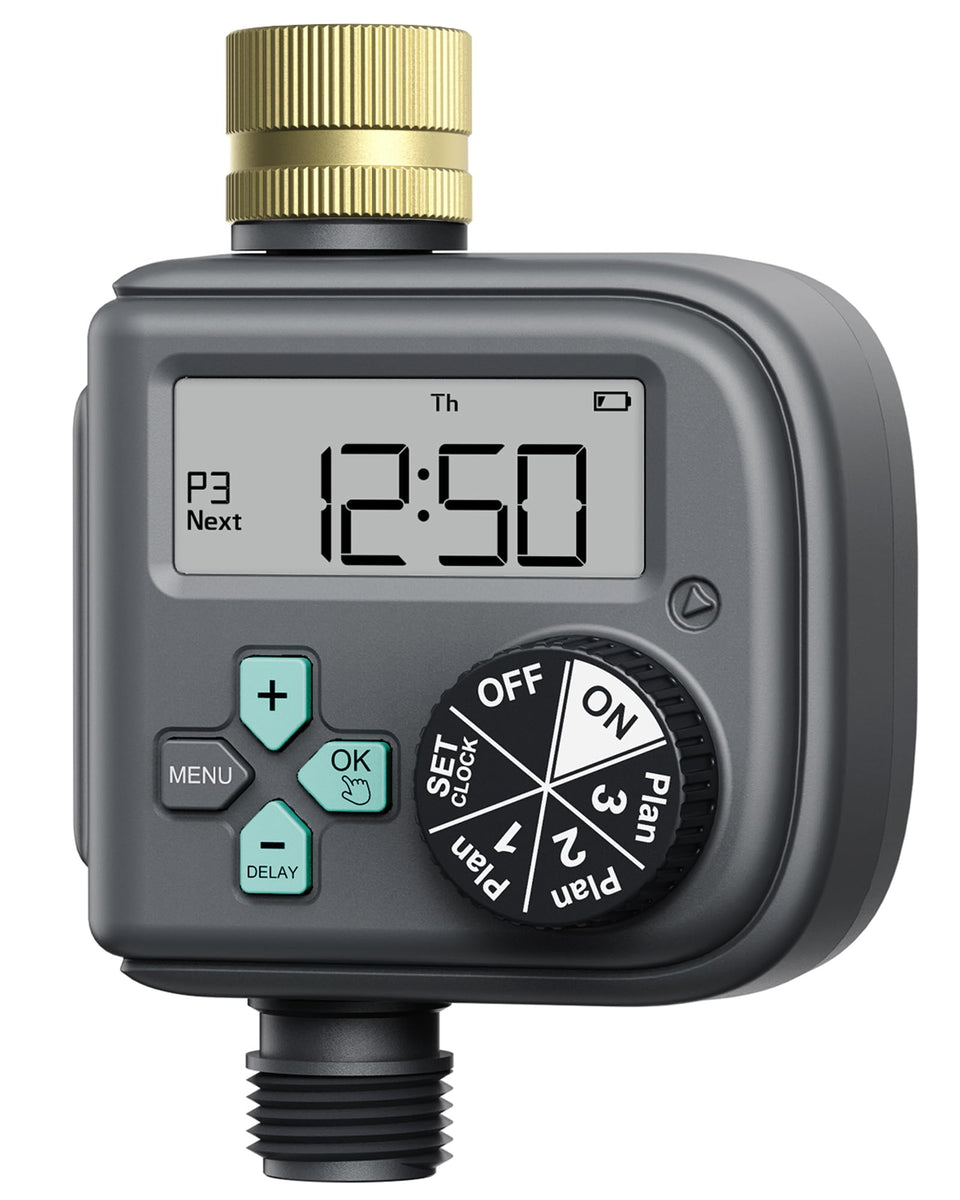 RAINPOINT sprinkler timer front view showing brass inlet for durable outdoor watering.
