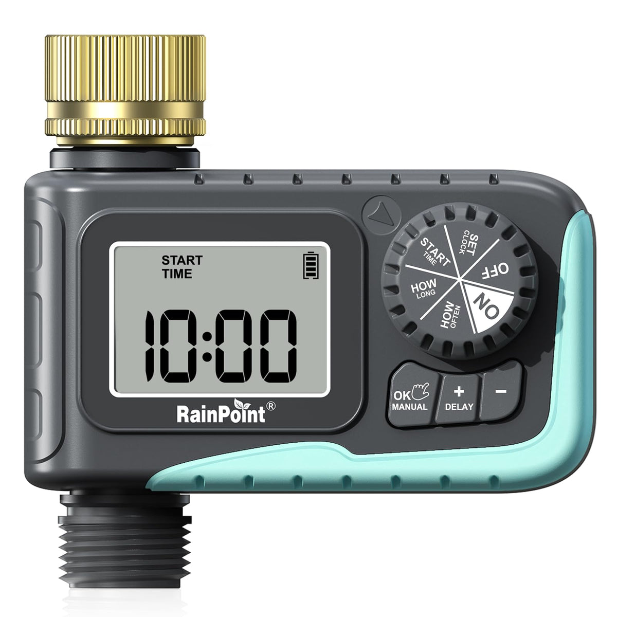 RAINPOINT sprinkler timer with brass inlet for durable watering control.