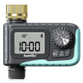 RAINPOINT sprinkler timer with brass inlet for durable watering control.