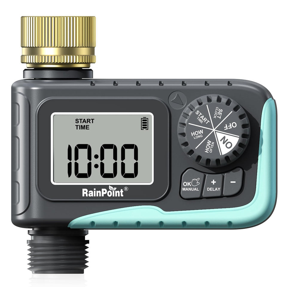 RAINPOINT sprinkler timer with brass inlet for durable watering control.