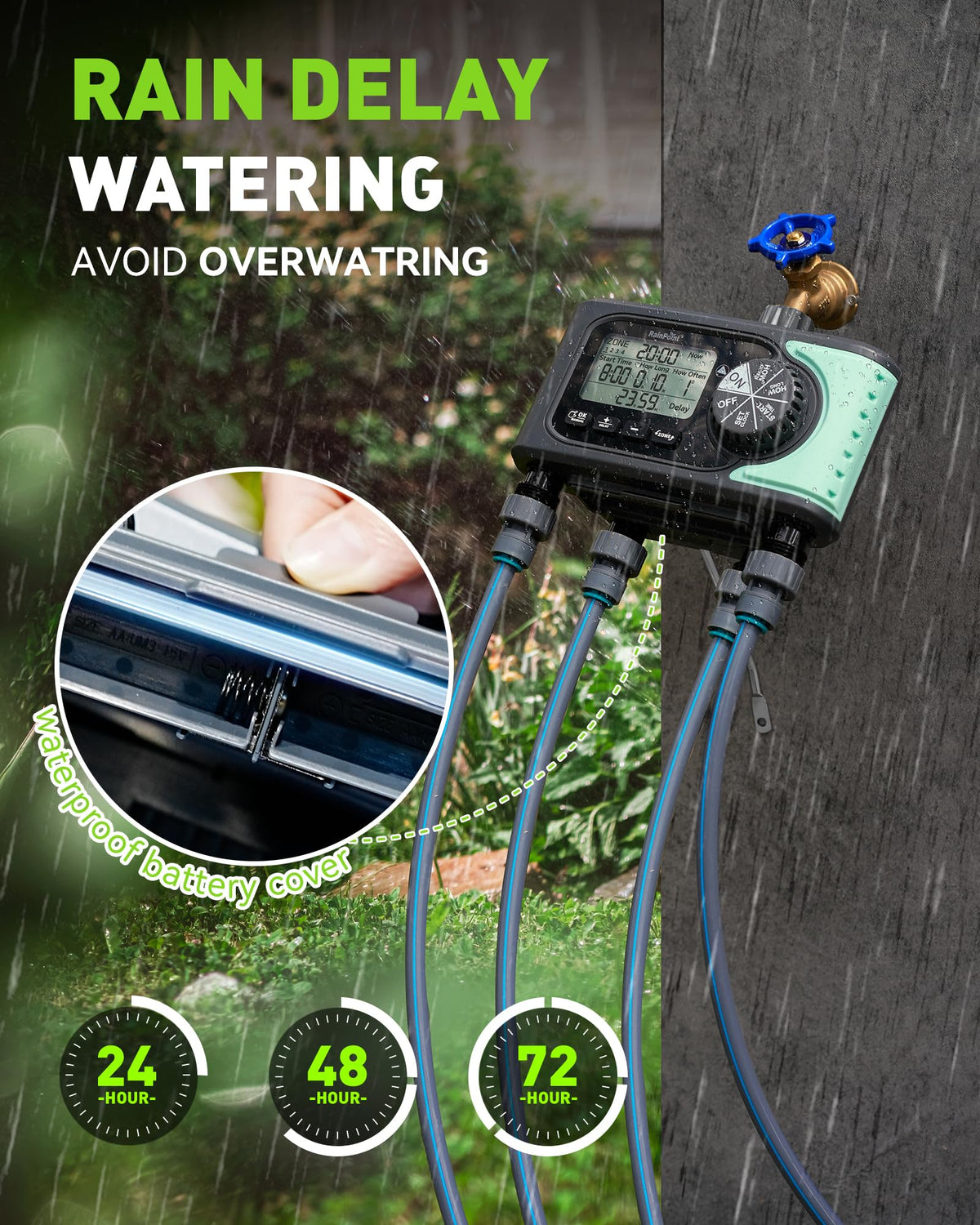 Rainpoint timer brass inlet withstands pressure and outdoor weather.