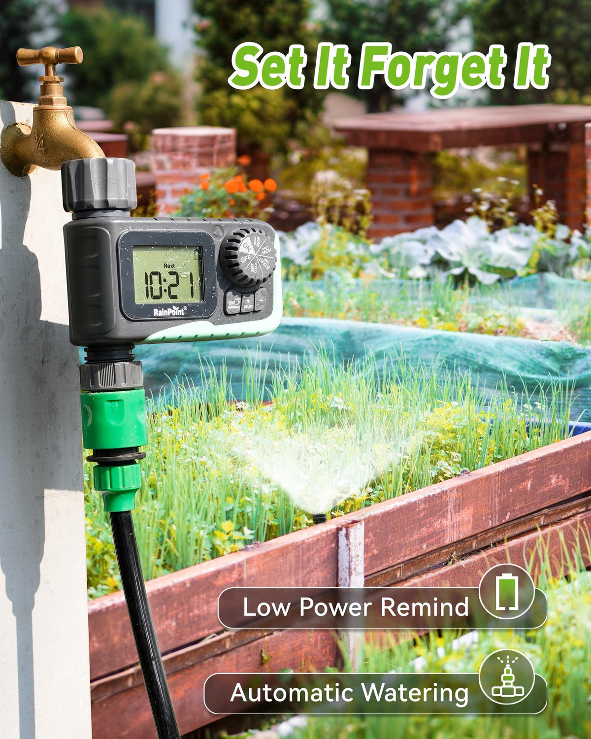Rainpoint sprinkler timer in a garden setup for automated watering.