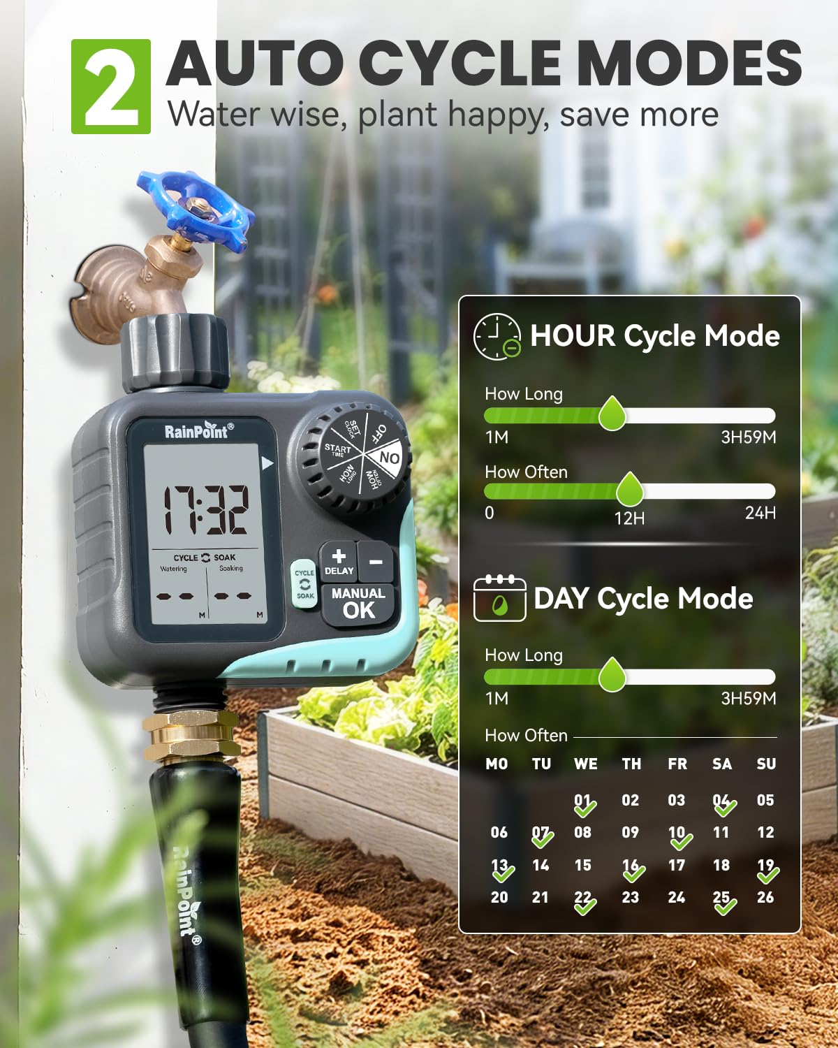 Rainpoint Sprinkler Timer manual watering mode enables quick one-off irrigation.