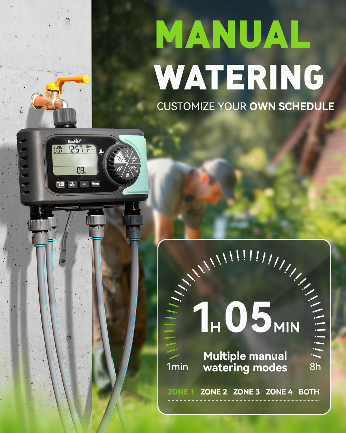 Rainpoint timer manual watering mode for quick spot irrigation.