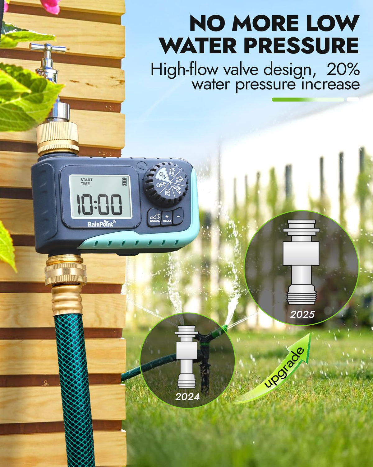 Rainpoint timer suits garden hoses, drip irrigation, greenhouse misting, and more