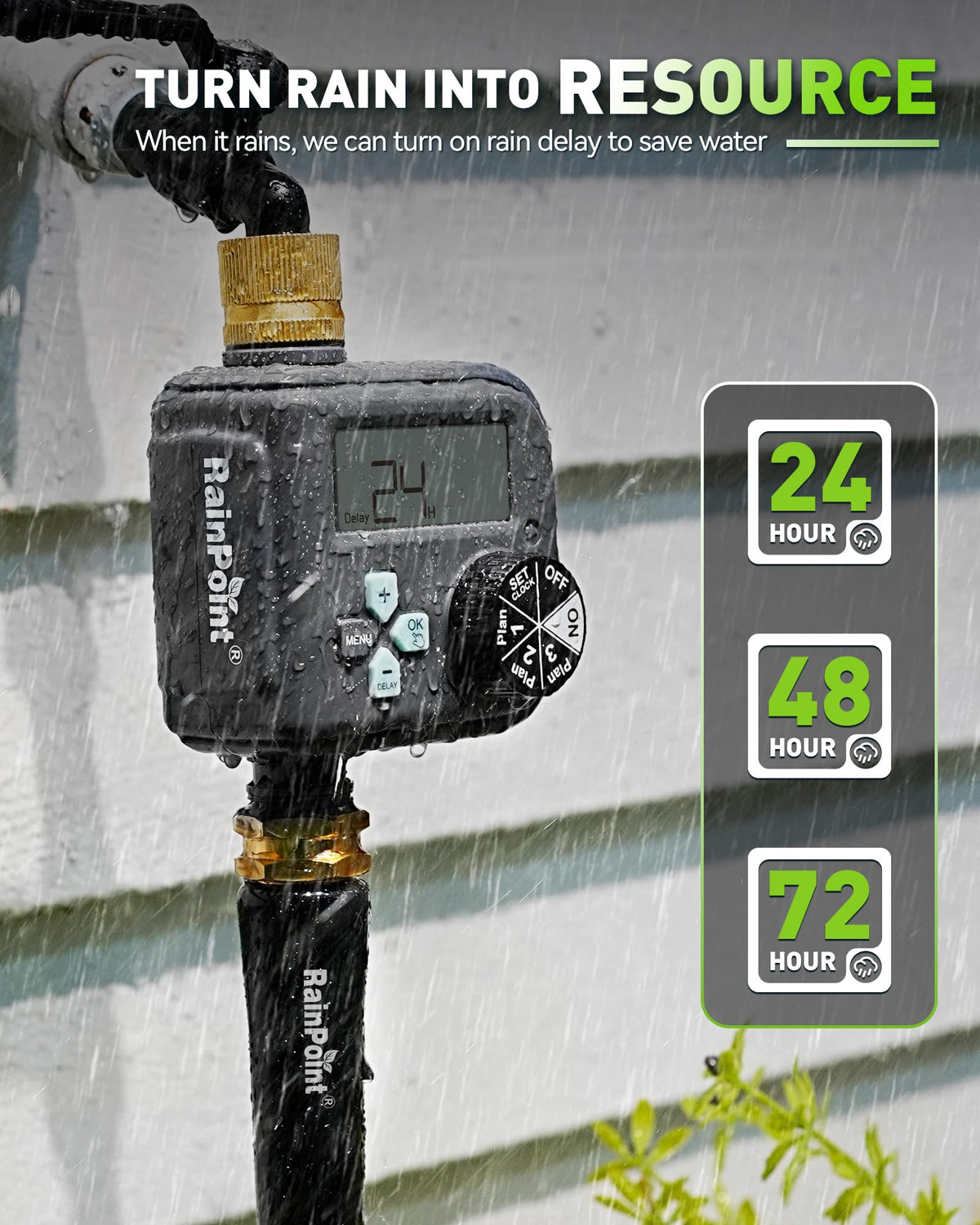 Outdoor installation of RAINPOINT timer on garden hose setup.