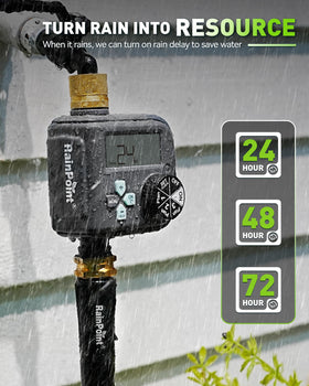 Outdoor installation of RAINPOINT timer on garden hose setup.