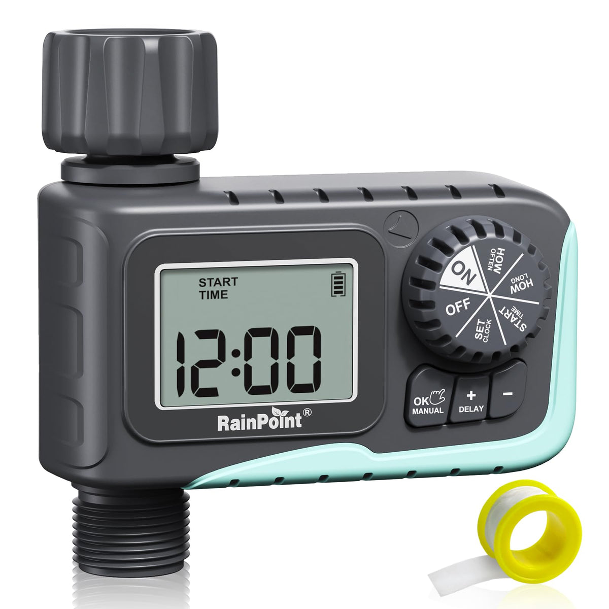 Rainpoint sprinkler timer with LCD display for easy watering scheduling.