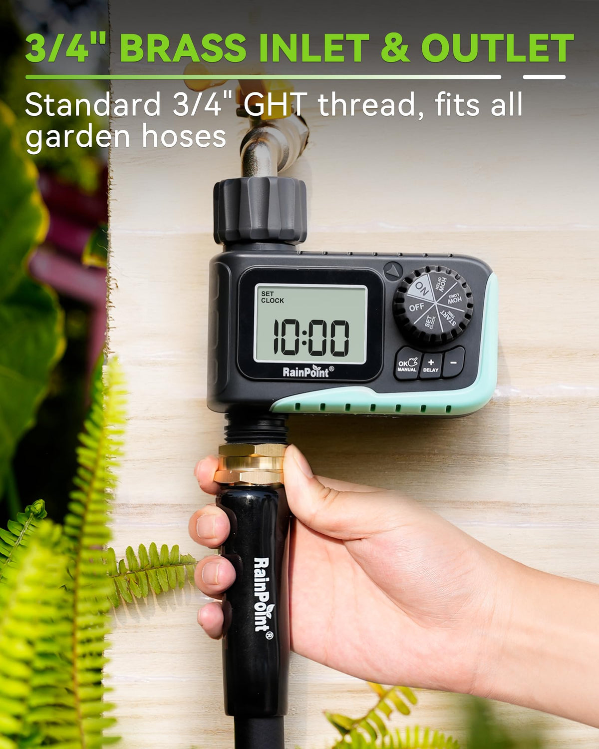 RAINPOINT Sprinkler Timer outdoors in a garden setting for versatile irrigation.