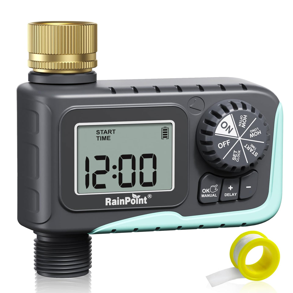 RainPoint sprinkler timer outdoor with large display for easy watering control.