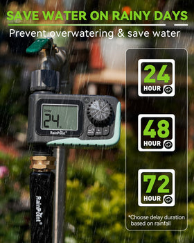 RAINPOINT Sprinkler Timer rain delay function pauses schedules during rainy days.