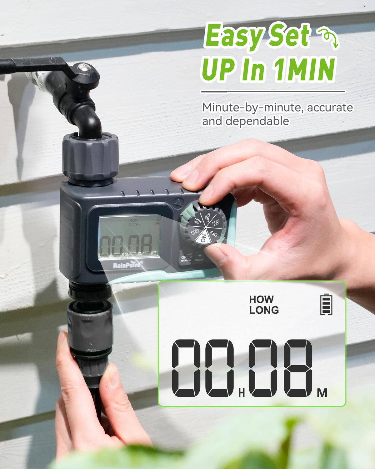 Rainpoint sprinkler timer rain delay helps conserve water.