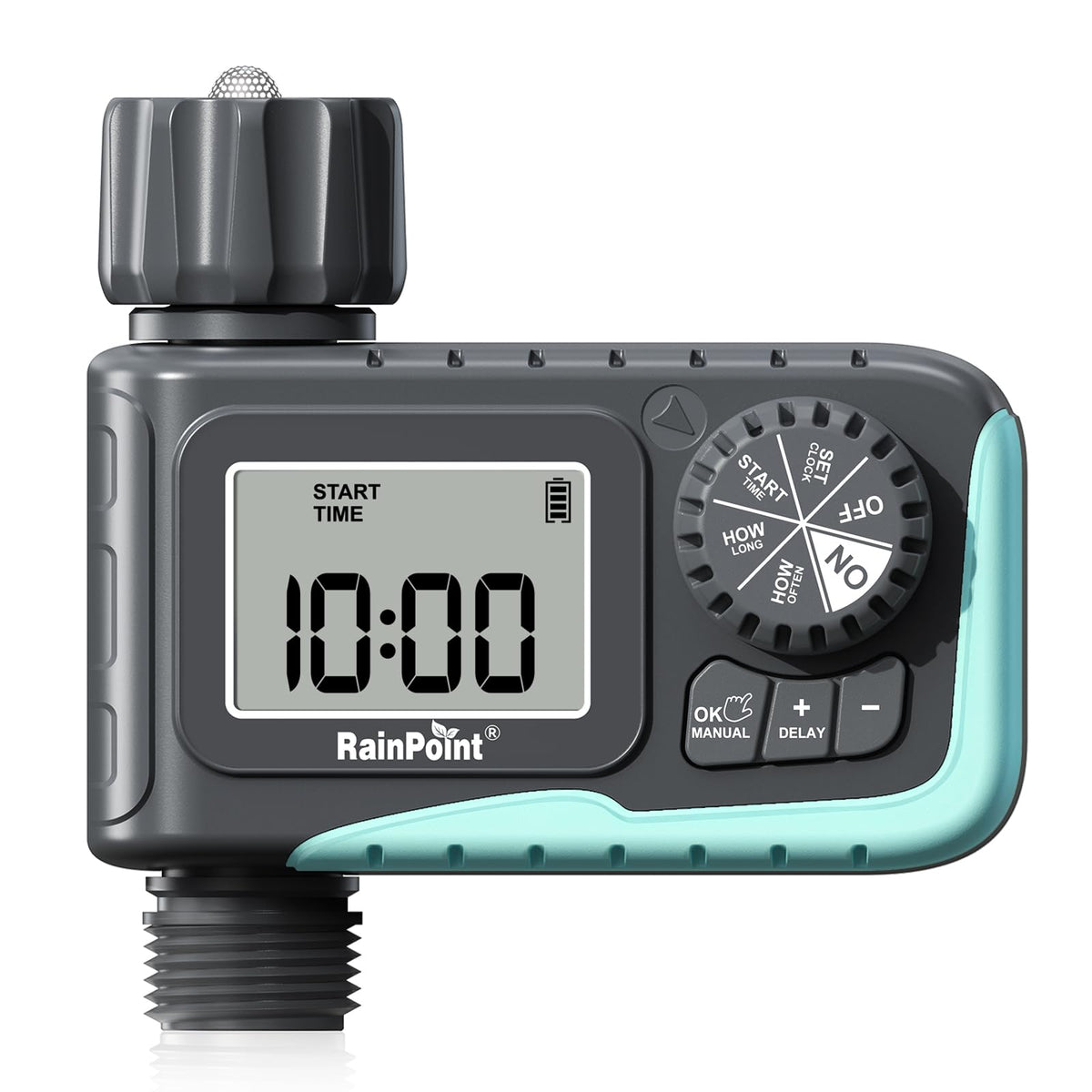 RAINPOINT Sprinkler Timer shows start time setup for precise watering control.
