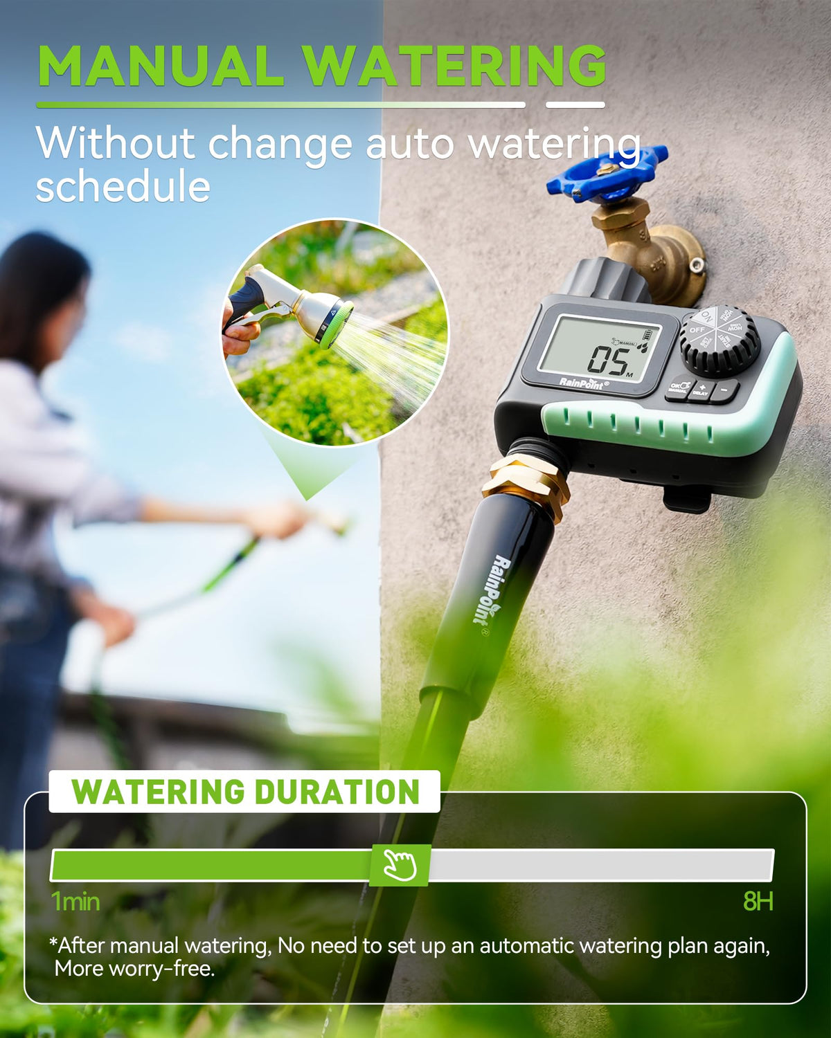 RAINPOINT Sprinkler Timer lets you set watering frequency for regular yard care.