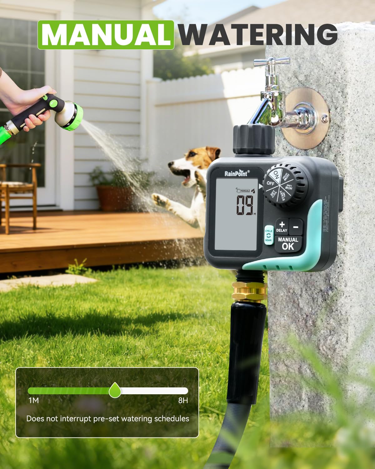 Rainpoint Sprinkler Timer waterproof battery cover protects outdoor use.