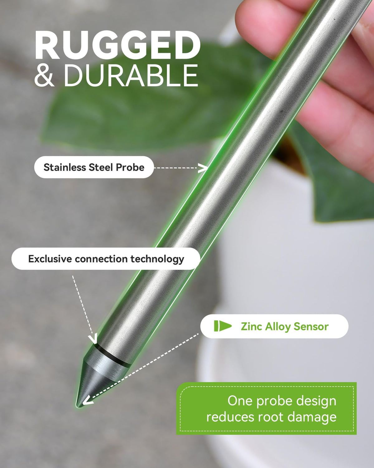 RainPoint stainless steel probe with secure sensor connection for reliability.