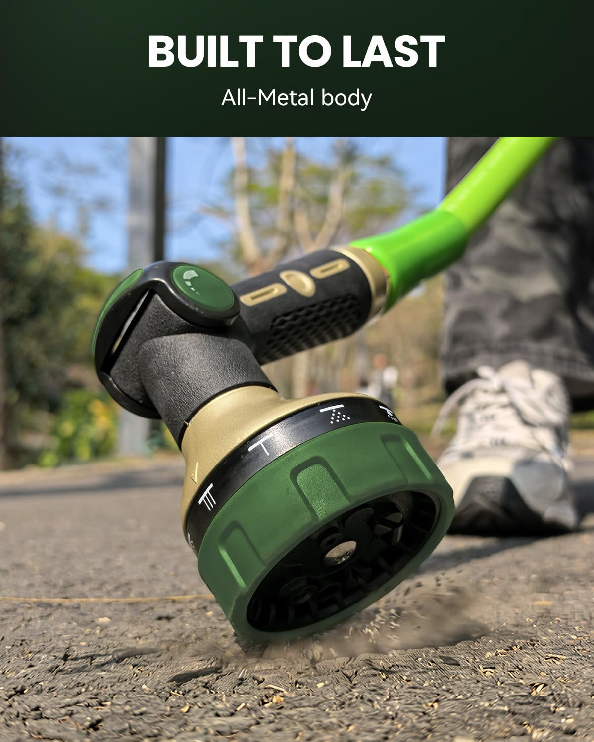 Rainpoint thumb-control nozzle with ergonomic handle reduces hand fatigue during use.