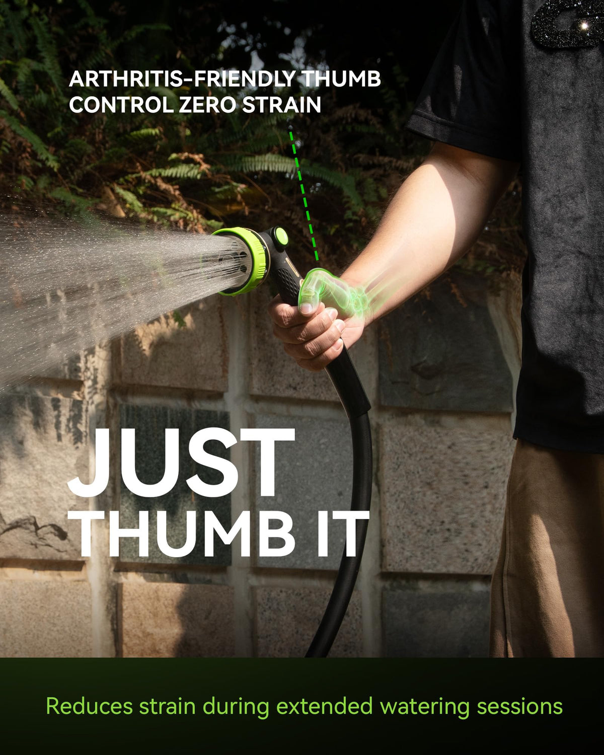 RainPoint thumb-control handle shown for ergonomic operation and reduced fatigue.