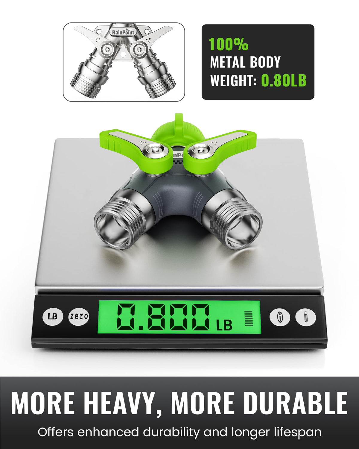 RAINPOINT two-way spigot demonstrates easy shutoff control for flexible watering.