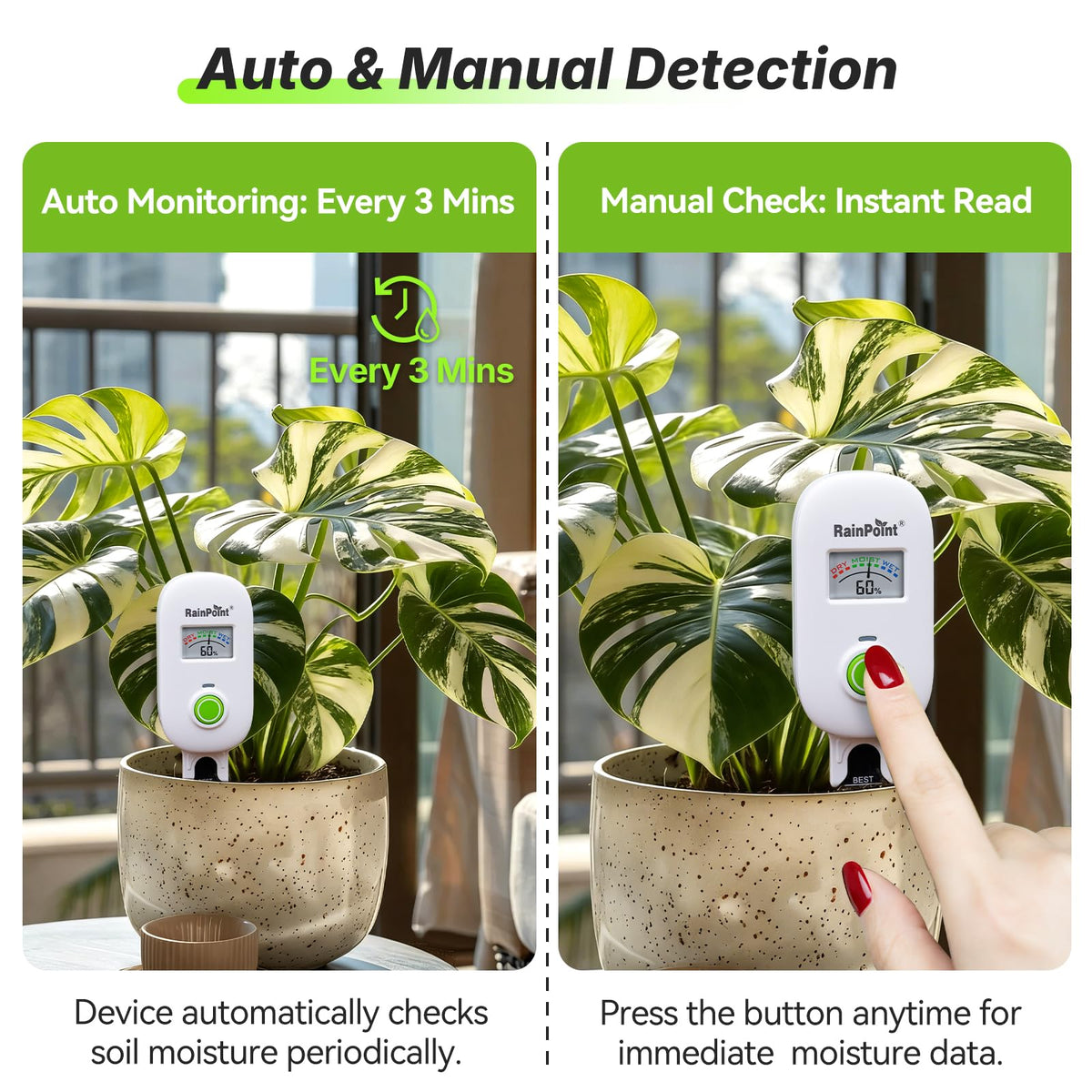 RAINPOINT Visual Gauge meter capacitive-probe highlights precise soil moisture readings
