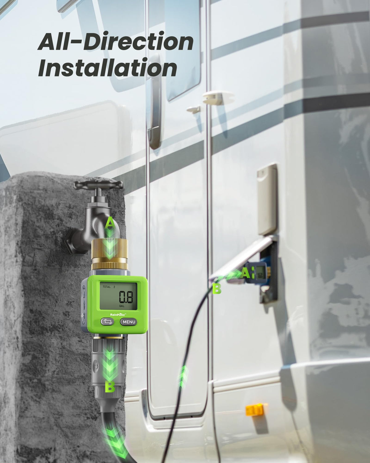 RAINPOINT flow meter installed bidirectionally in hoses and sprinklers